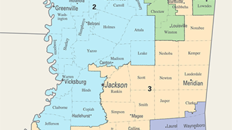 National Atlas map of Mississippi Congressional Districts, 113th Congress. Contains four distinct districts.