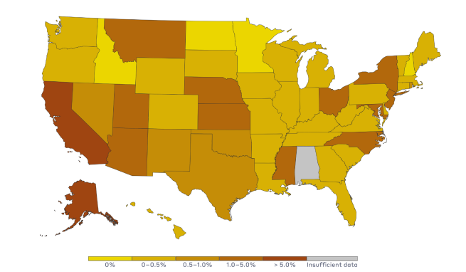 Map showing Provisional ballots distributed, as a percentage of all ballots cast in the 2016 election. California and Alaska are the only states above 5%.