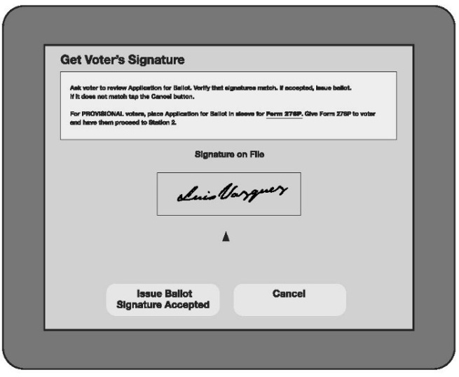 Poll worker instructions that read: "Ask voter to review Application for Ballot. Verify that signatures match. If accepted, issue ballot. If it does not match tap the Cancel button." Below, "For PROVISIONAL voters, place Application for Ballot in sleeve for Form 276P. Give form 276P to voter and have them proceed to Station 2." There is a box below the instructions where the voter signature autopopulates for each voter. We see Luis Vazquez's signature from the previous image.