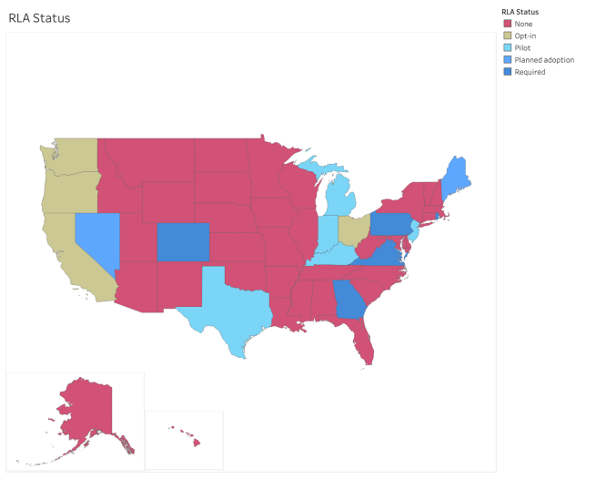 A map of the United States, with shadings indicating the status of risk-limiting audits in each state.