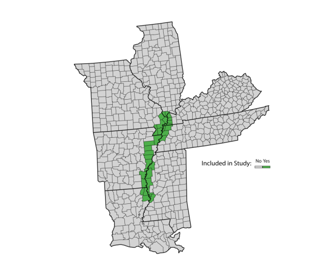 A map of the Mississippi River Delta Counties included in the research plan.